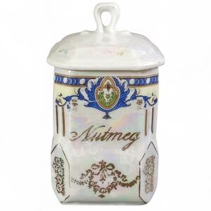 🔴 Victoria Czechoslovakia Lusterware Nutmeg Spice Jar Vintage Lidded Container